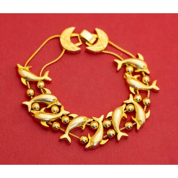 7 inch, Vintage Gold Tone Dolphins Bracelet - F32 - Picture 1 of 3